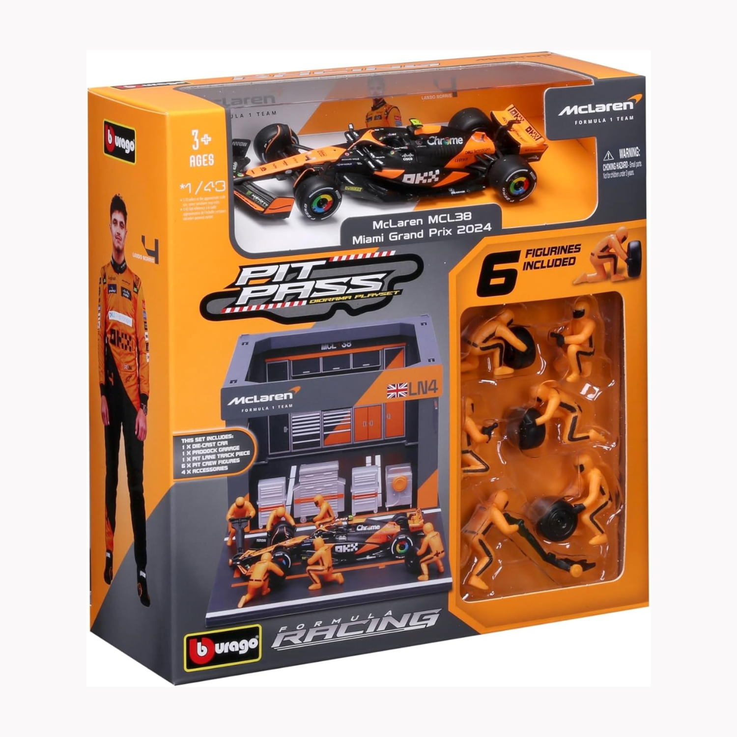 BBurago - Pit Stop McLaren with MCL38 #4 Lando Norris Diecast Model 1:43 F1 2024